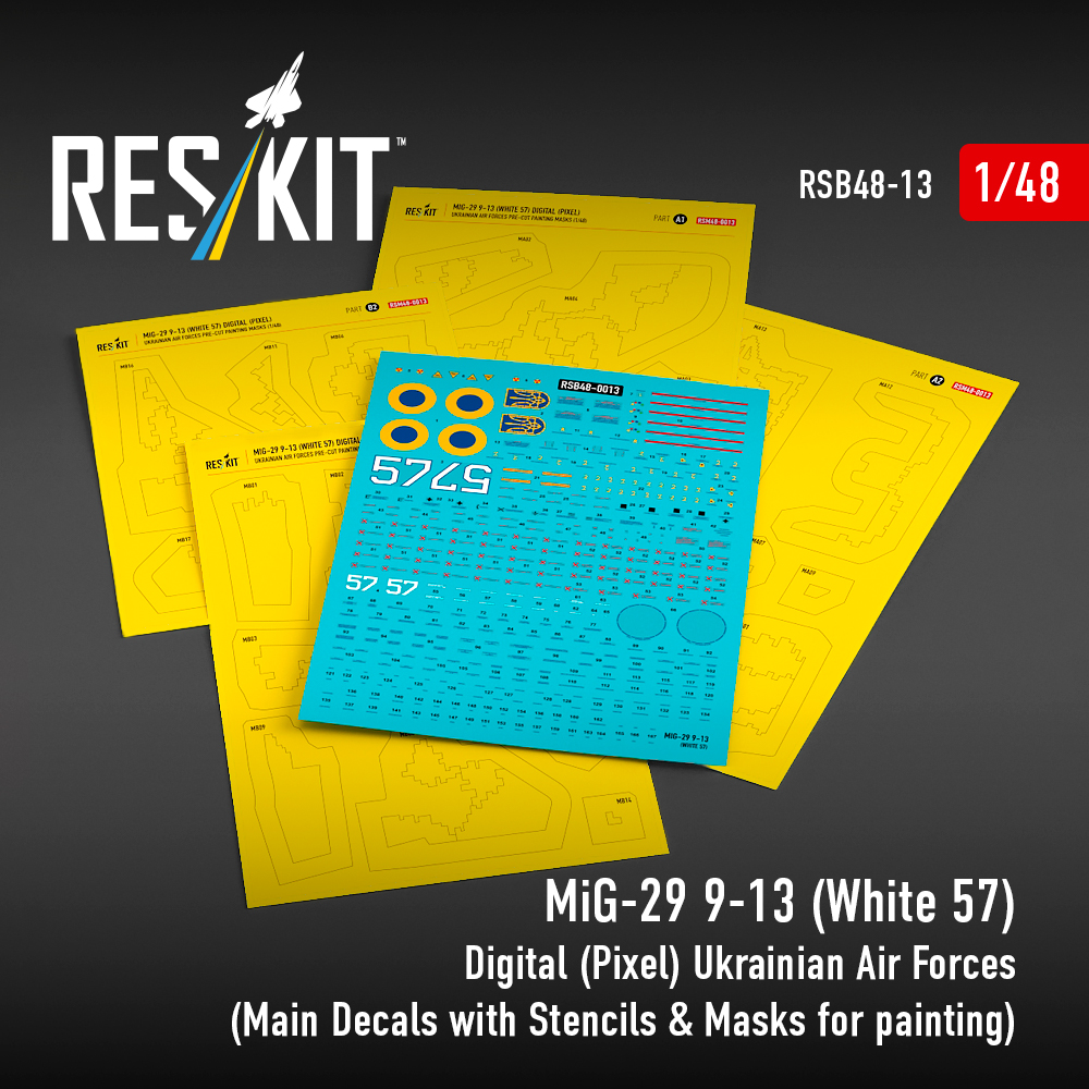Reskit_official's tweet photo. Update 21 brings complete 1/48 &amp; 1/72 MiG-29 Ukrainian Air Force decals and masks — including iconic digital pixel camo schemes for 9-12, 9-13 &amp; UB variants.🇺🇦

Build accurate Ukrainian Fulcrums with precision stencils &amp; pre-cut painting masks — no freehand masking required. https://t.co/NdBLEuJAA6