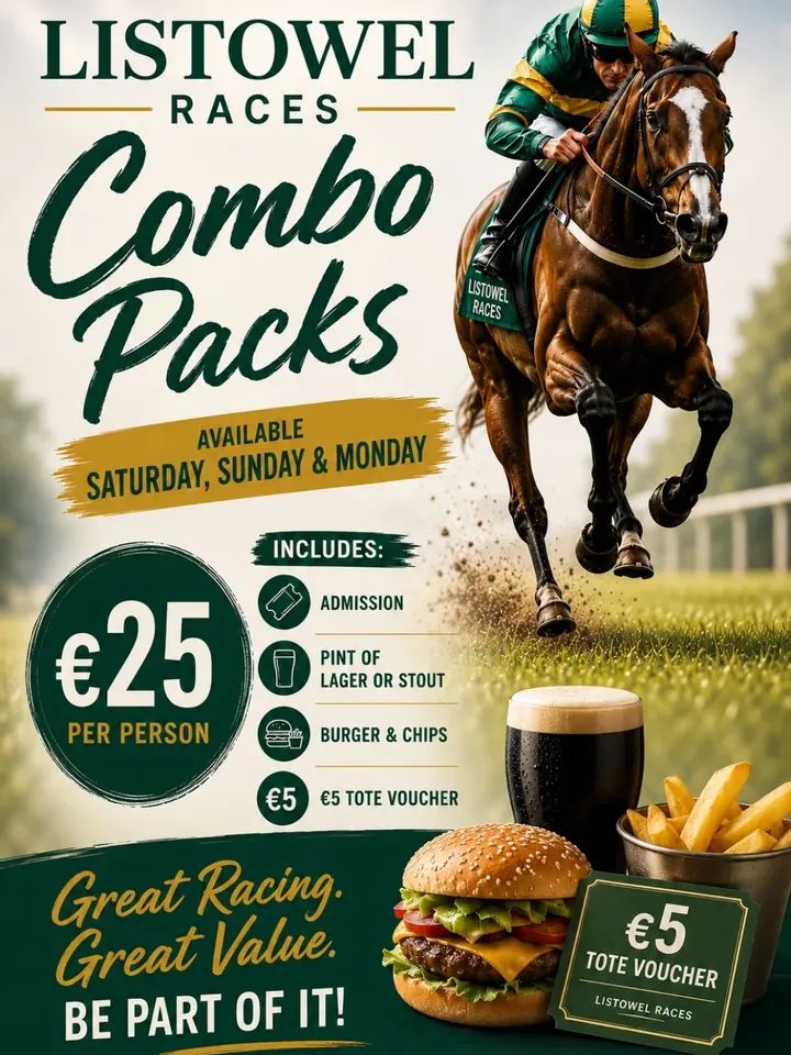 JoeSeward1's tweet photo. Excellent value for the
Bank Holiday Weekend @ListowelRaces 👑
Sat/Sun & Monday.
Great Combo Packs for a Pony (€25) includes ⬇️
🎫Admission
🍺Pint Lager/Stout
🍔🍟Burger & Fries
🎟️ €5 Tote Voucher
#Listowel
#ComboPacks
#Value
@patcashhealy
@racingoncourse https://t.co/Qq7DSRB2m6