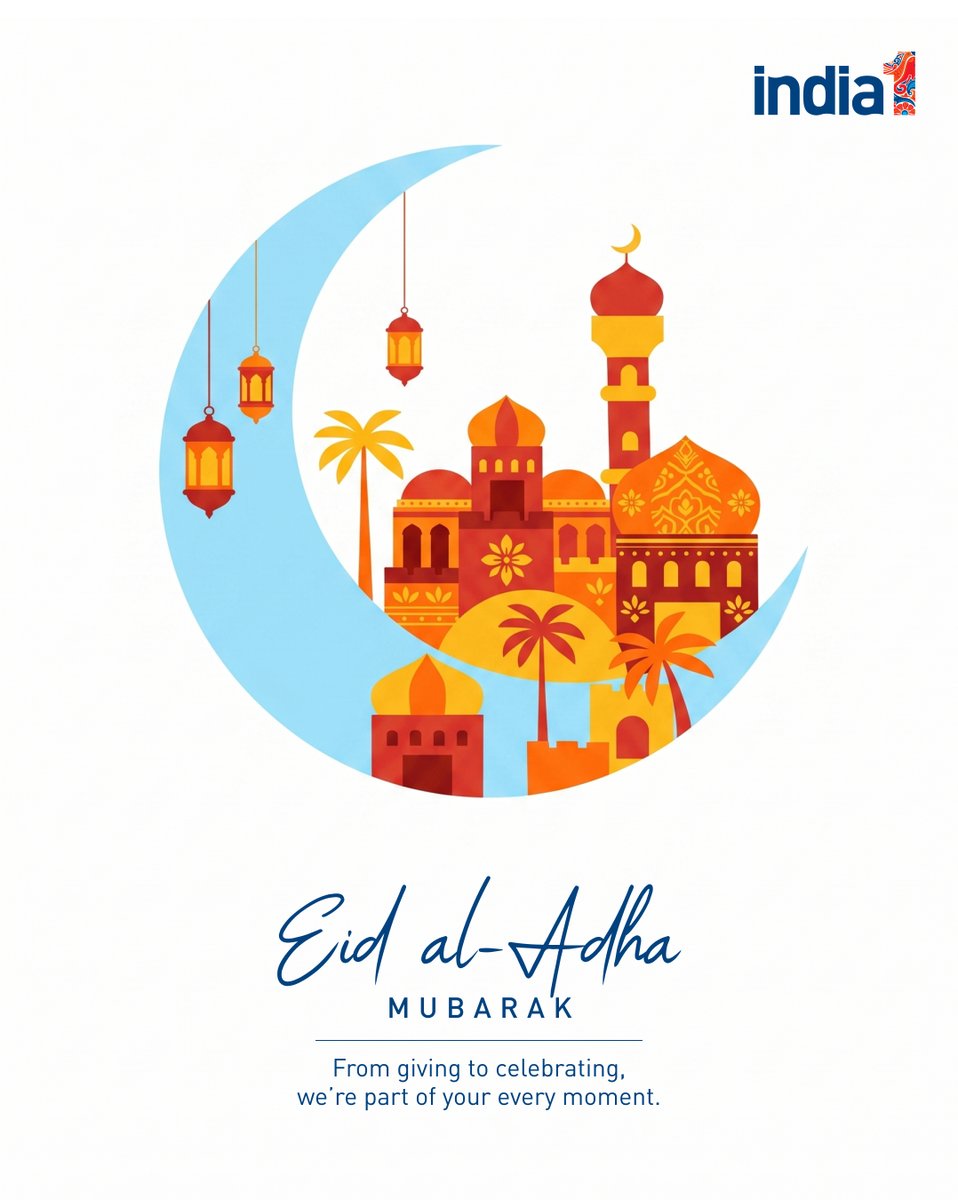 India1payments's tweet photo. Eid-ul-Adha Mubarak. Let’s honour the spirit of sacrifice through care and giving. Wishing you peace, good health, and moments of gratitude with loved ones. #EidUlAdha #Bakrid #EidMubarak #Eid2026 #SpiritOfSacrifice #EidCelebrations #India1 #India1ATM https://t.co/Tdjg4YUg2Y
