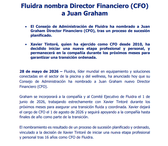 JCPF_Carlos's tweet photo. 📌🟢#FLUIDRA #FDR 19,18€
📌✅Nombramiento de Juan Graham como nuevo CFO.
👉🟢El nombramiento es resultado de un proceso de sucesión planificado y ordenado, vinculado a la decisión de Xavier Tintoré de iniciar una nueva etapa profesional y personal tras 16 años como CFO de Fluidra.