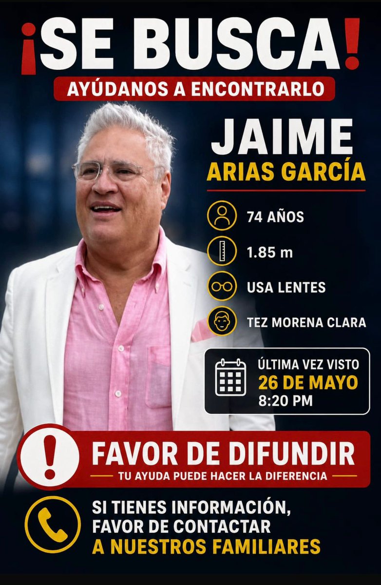 Trafico_ZMG's tweet photo. 🚨⚠️  Jaime Arias García, de 74 años, desapareció tras salir de San Gabriel, Jalisco, a las 8:20 p.m. Después de realizar compras y cenar en Alista, testigos y cámaras captaron su vehículo en el punto conocido como "Cuatro Caminos", donde se observó que la camioneta era conducida por una persona distinta y sin la presencia de Jaime.

🔎 El vehículo fue localizado en Ciudad Guzmán presentando rastros de sangre tanto en la cajuela como en el lado del copiloto. Ante esta situación, se solicita el apoyo urgente de las autoridades y de la ciudadanía para esclarecer los hechos y dar con su paradero
#DenunciaZMG