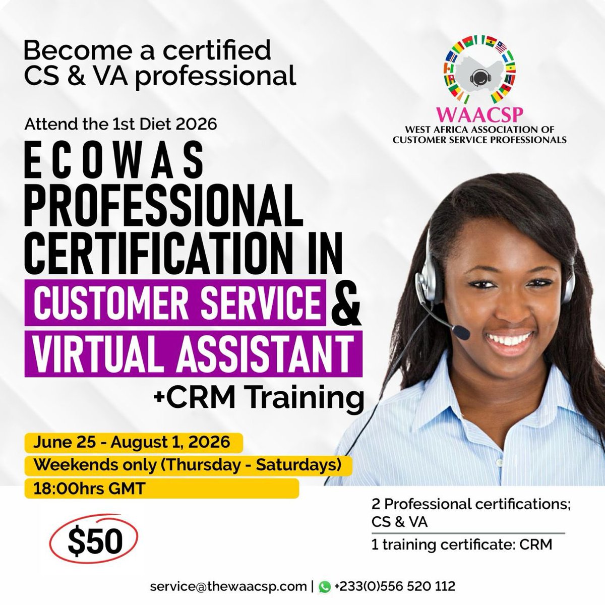 hannytalker's tweet photo. ATTENTION!
If you are in the customer service/experience, Virtual Assistance industry or looking to join in 
And 
Open  to work online for foreign companies 

Then read this 
👇🏾👇🏾👇🏾

POSITION YOURSELF FOR GLOBAL REMOTE OPPORTUNITIES! 🌍💼

Join the fast-growing global remote and online job industry with Africa’s No. 1 accredited Customer Service & Virtual Assistant Certification Program.

The West Africa Association of Customer Service Professionals (WAACSP) invites you to the 1st Diet 2026 ECOWAS Professional Certification in Customer Service & Virtual Assistance this June.

Earn globally recognized certifications and become a:

✅ Certified Customer Service Professional (CCSP)
✅ Certified Virtual Assistant Professional (CVAP)

This powerful 3-in-1 program gives you:
✔ 2 Professional Certifications
✔ 1 CRM Training Certificate
✔ Practical skills for remote, hybrid, and physical work opportunities

With this certification, you can:

🌍 Access global CS/CX, VA & AI Assistant opportunities
🏠 Work remotely for international and local brands from anywhere
📈 Increase your professional value and career options
💻 Get listed on Africa’s leading recruiting portal — the WAACSP VA-Hub
(https://t.co/vvMg7Kks8A) 

PROGRAM DETAILS

📍 Mode: Fully ONLINE facilitator-led Zoom classes
📝 Includes tests, assignments, exercises & exams via the school portal
(https://t.co/IQuX8xvhoM) 

👥 Eligibility: ECOWAS nationals seeking professional CS & VA certification

📅 Duration: 8 weekends
June 25 – August 1, 2026

⏰ Class Time: Fridays & Saturdays by 7PM (WAT)

💰 Fee: $50
(Payable in your country’s currency equivalent)

💳 Flexible Payment Plan Available
Pay in 2–3 installments throughout the duration of the program.

📲 Chat: +233(0)556520112 to request payment plan options.

For full details and registration, visit:
https://t.co/zxOYQCm019

Pss..
Share, Tag or RT to any CS or VA professional this should help. 

#Waacsp
#customerService #VirtualAssistant #CS #VA #Ecowas 
#Online