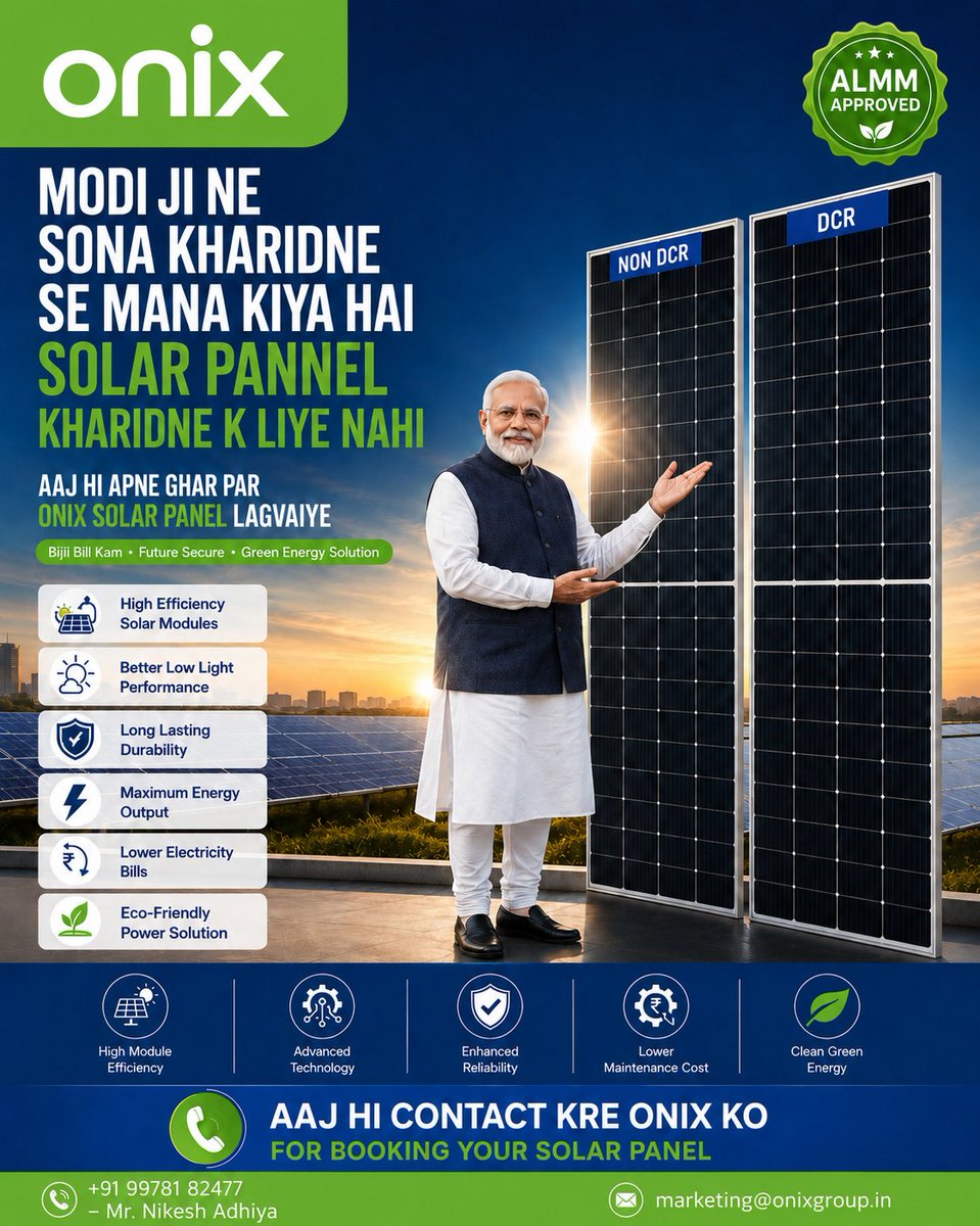 onixrenewable's tweet photo. ☀️ Onix Renewable brings you ALMM Approved Solar Panels with both DCR &amp; NON-DCR modules available for every solar requirement.

Book your solar panel today with Onix Renewable! 🌱⚡
📞 +91 99781 82477 – Mr. Nikesh Adhiya
📧 marketing@onixgroup.in https://t.co/21JHA8WUuT