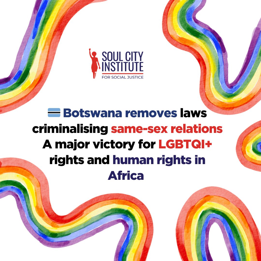 SoulCity_SA's tweet photo. 🇧🇼 Botswana said “love who you love” and meant it. 
Big win for equality as laws criminalising same-sex relationships are officially out the window. PERIOD.
#Botswana #LoveIsLove #LGBTQIA #AfricanQueerVoices #Equality #HumanRights #GenZVoices #PrideAfrica https://t.co/Yaeqes5wlW