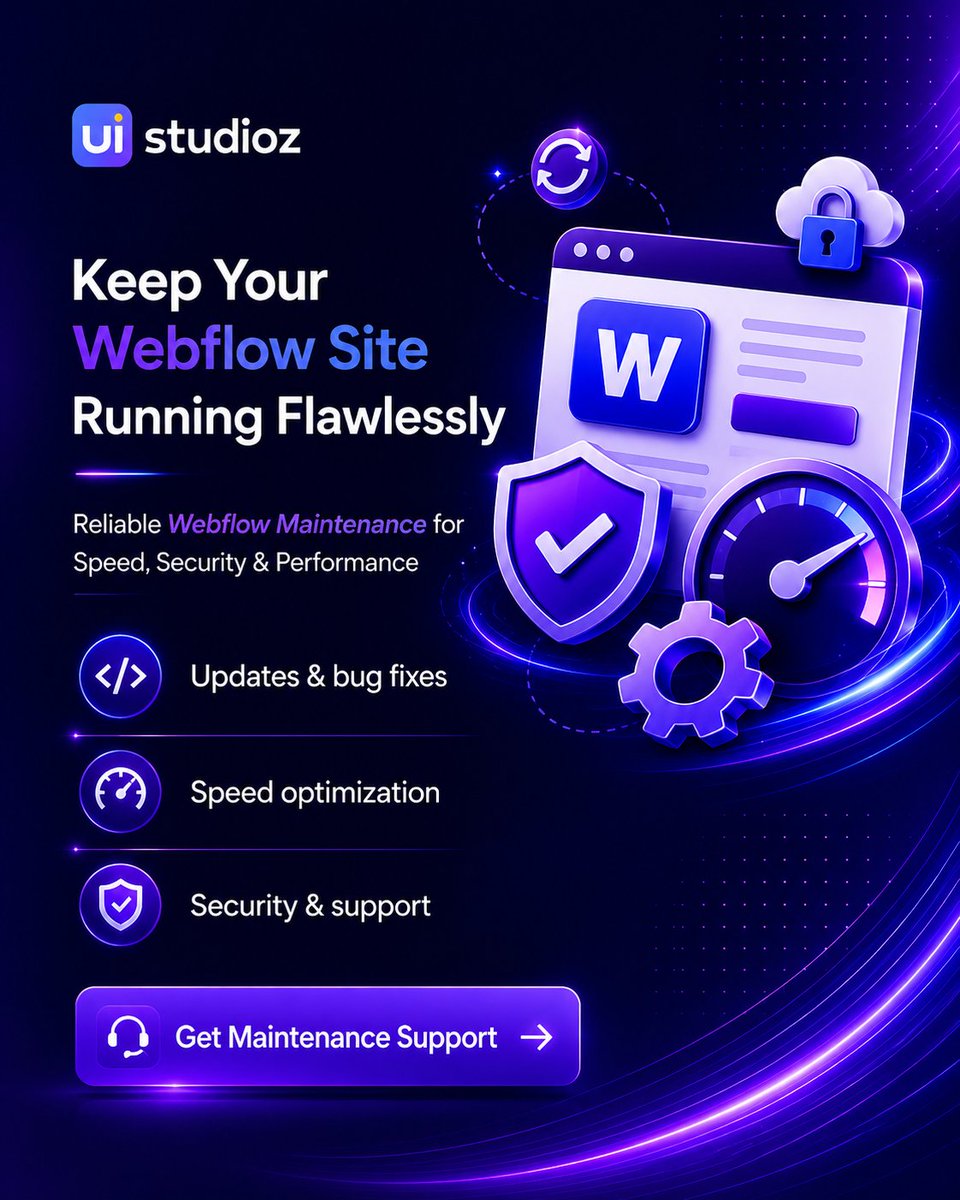 uistudioz's tweet photo. Your #Webflow site shouldn’t just look good on launch day — it should perform every day.
Our #WebflowMaintenanceServices keep your site fast, secure, updated, and running smoothly while you focus on growing your business.
#WebflowDesign #WebflowDevelopment #SaaSWebsite https://t.co/dspETKPm8c