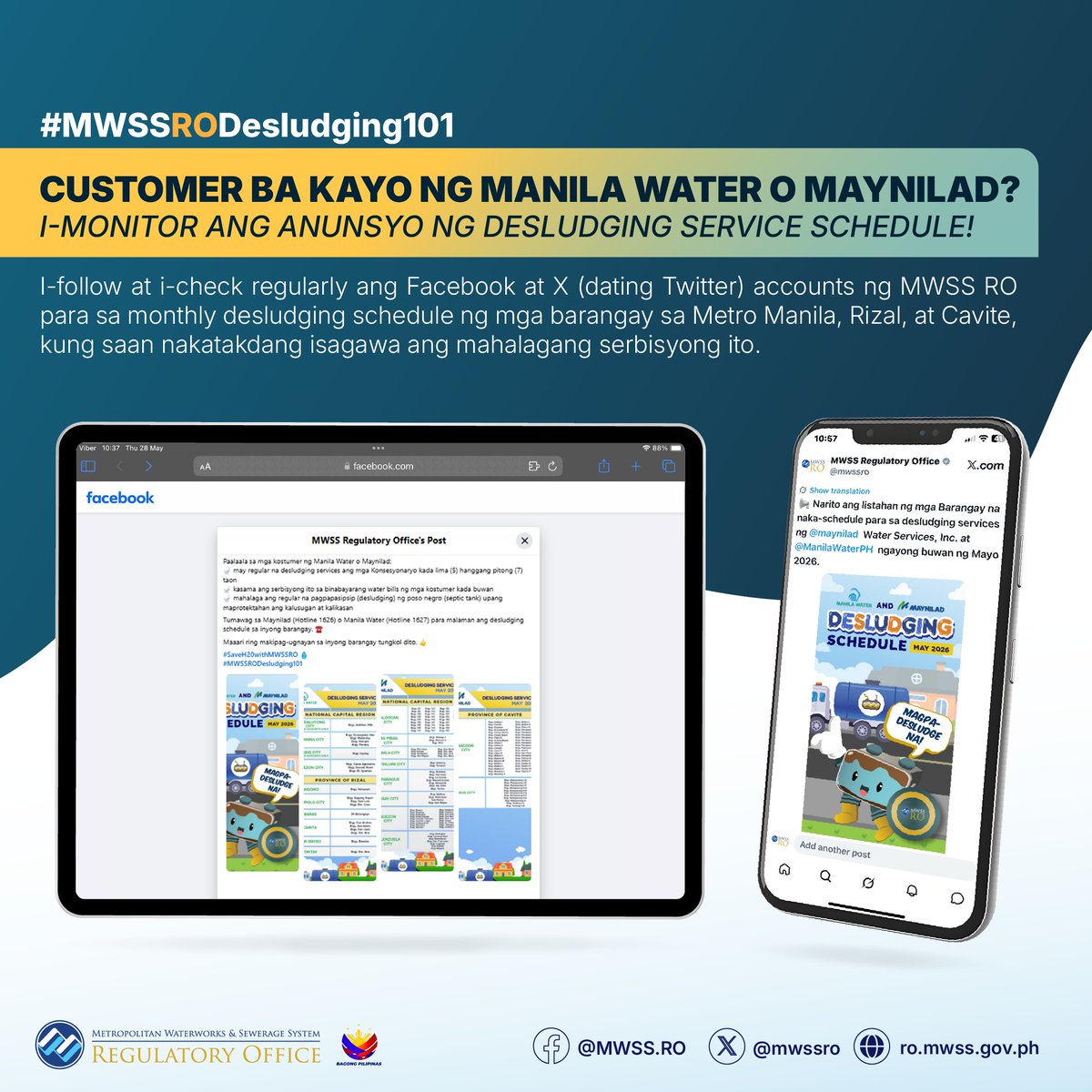 mwssro's tweet photo. 📢 Calling all @ManilaWaterPH and @maynilad  customers!

Alam n'yo bang regular na nagsasagawa ng septic tank desludging ang mga Konsesyonaryo kada lima (5) hanggang pitong (7) taon? 🚽 

Kasama na ito sa binabayarang water bills ng mga kostumer kada buwan! 🗓️ https://t.co/teAYml3sO8