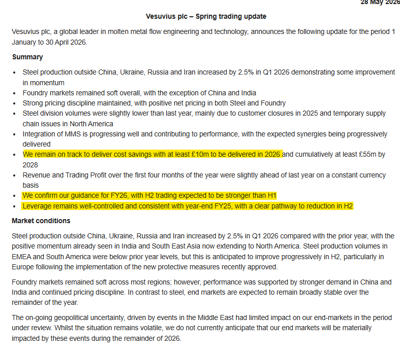 1James1n1's tweet photo. #VSVS - TU

➡️YTD Rev &amp; profits slightly ahead of PY.
➡️"We confirm our guidance for FY26" - but with 2H weighting.
➡️Expects to reduce leverage in 2H. Cost savings on track for £10m reduction in 2026.

I have long liked #VSVS, but has SP already anticipated recovery🤔 https://t.co/ERXp6b7vyc