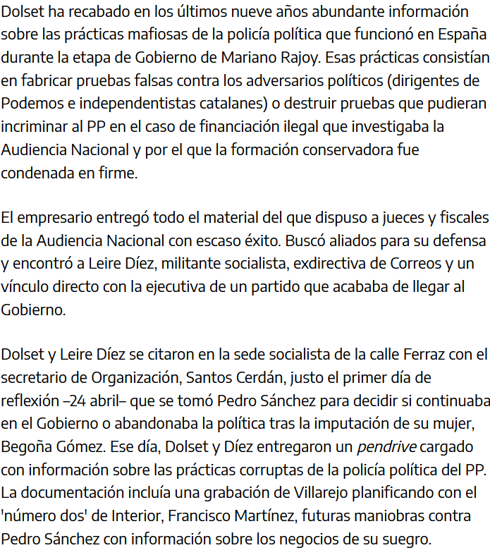 comuflauta's tweet photo. Vosotros leéis esto y que opinión se os viene a la cabeza.

1. Empresario recauda información sobre corrupción judicial, política y policial en el gobierno de Rajoy para perseguir rivales.

2. Empresario entrega todo a las autoridades judiciales correspondientes. 

3. Las autoridades judiciales niegan usar el material recopilado y se reúne con Leire Diez en Ferraz para enseñar como había un entramado político-policial para perseguir a politicos de izquierdas, entre ellas entrega una grabación de Villarejo pactando con el ministro de interior de aquel entonces perseguir a Pedro Sanchez.

4. El PSOE realiza unos supuestos pagos para hacerse con la totalidad del material a través de empresas pantalla.

------------------------------------------------------------

Yo aquí lo que leo es un choque entre quienes tienen las cloacas (PP) y quienes se quieren hacer con las cloacas (PSOE). 

Es que hasta en un supuesto caso de corrupción del PSOE está metido el PP, es una cosa loca.