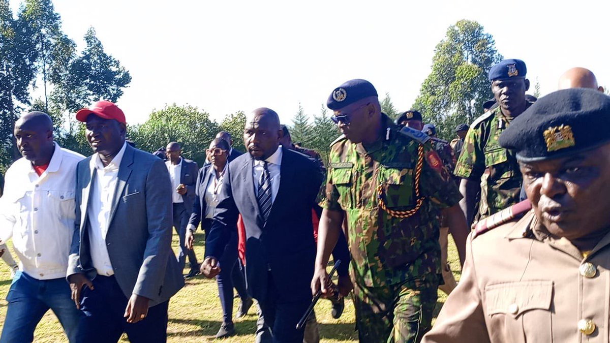 PoliceKE's tweet photo. Deputy Inspector General of Police Eliud Lagat briefs Interior Cabinet Secretary, Kipchumba Murkomen and Basic Education Principal, Secretary Prof. Julius Bitok at Utumishi Girls Senior School in Gilgil, Nakuru County, where he has been coordinating rescue and recovery efforts following the dormitory fire. DCI Boss Mohammed Amin is also on ground to oversee preliminary investigations into the cause of the fire.