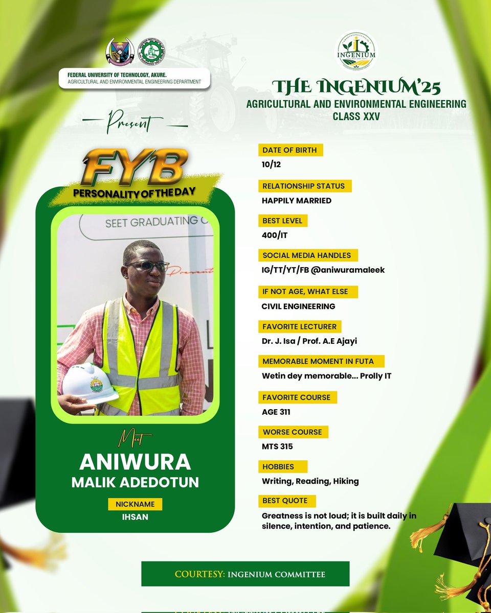 agrineers25's tweet photo. Meet the ingenium of the day, Aniwura Malik Adedotun (Ihsan) visionary leader, 2-time FUTASRC Honourable, seasoned writer, and FYB Committee member.

Bold, devoted, and always ready to step up.

Congratulations Ihsan 🎉
See you at the top 💚🥹
#fyb #ingenium #trending https://t.co/bNYv0Jkgf7