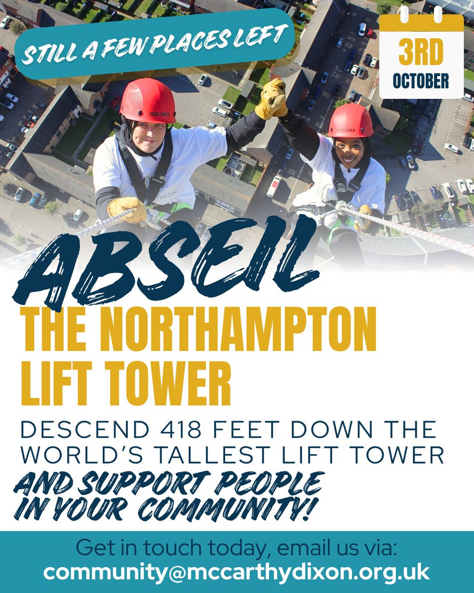 TMDFoundation's tweet photo. 🧗‍♂️ Places available for our October Abseil! 💛

Take on the Northampton Lift Tower 😱✨

📅 3 October 2026

👉 https://t.co/wz7NzqiggC

#TMDF #McCarthyDixon #AbseilChallenge https://t.co/PEwPLSpzUl
