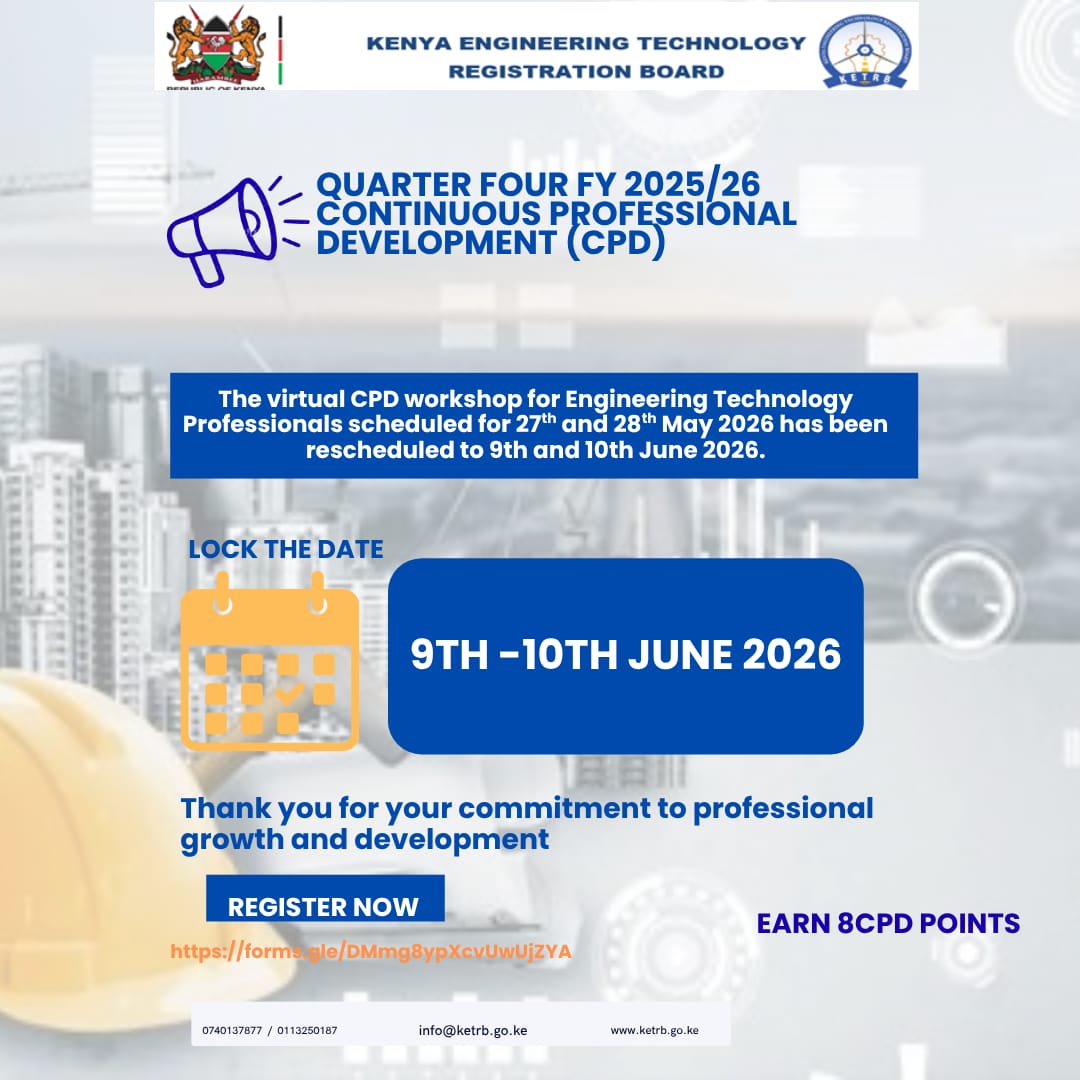 KETRB_'s tweet photo. Join us for the Kenya Engineering Technology Registration Board Continuous Professional Development (CPD) Virtual Workshop happening on 9th &amp; 10th June 2026.
 Register now: 
https://t.co/pDCbT1oZUf
#KETRB #CPDWorkshop #EngineeringTechnology #ProfessionalDevelopment https://t.co/tIopVMRAIr