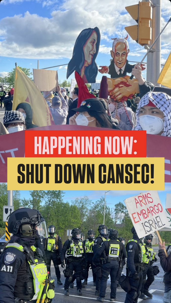 WBWCanada's tweet photo. BREAKING: Hundreds out disrupting Canada's biggest arms fair! We’re on the road, blocking multiple entrances, and making sure every arms dealer, military, &amp; government rep attending CANSEC is directly confronted with their role in arming genocide &amp; war crimes. SHUT DOWN CANSEC. https://t.co/RamXZYDBK8