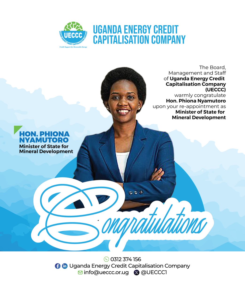 UECCC1's tweet photo. We congratulate @HonOkaasai and @PNyamutoro on their re-appointments as @MEMD_Uganda State Minister for Energy, and State Minister for Minerals respectively. 
#CleanEnergy #RenewableEnergyFinancing https://t.co/jUgnWBllCU