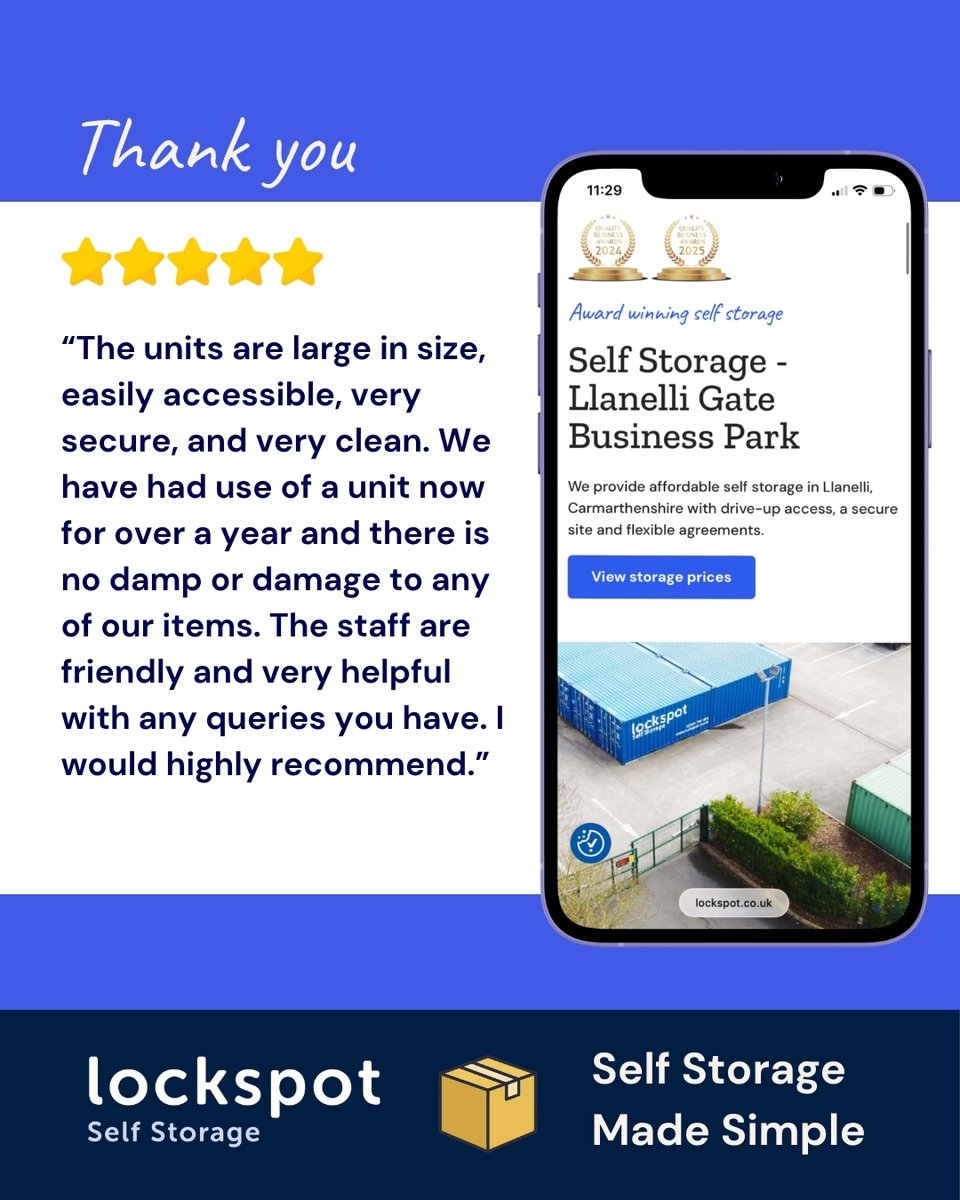 LockspotUK's tweet photo. Trusted storage. Friendly service. Peace of mind. 🔐

We’re so grateful for reviews like this and for every customer who chooses Lockspot to store with. Thank you for your continued support 💙 https://t.co/jXEsRzXskI