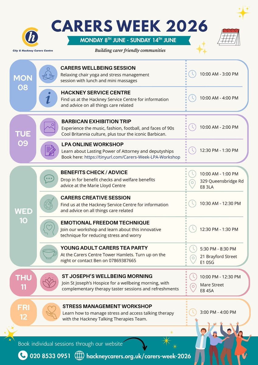 ChoiceinHackney's tweet photo. City &amp; Hackney Carers Centre are celebrating Carers Week 2026. All informal carers, please book for a variety of fee events at https://t.co/4RHHTNeBoY Booking is required. Please complete the Microsoft Forms booking form to reserve your place and enjoy a maximum of four events. https://t.co/yXqS2LyhWQ