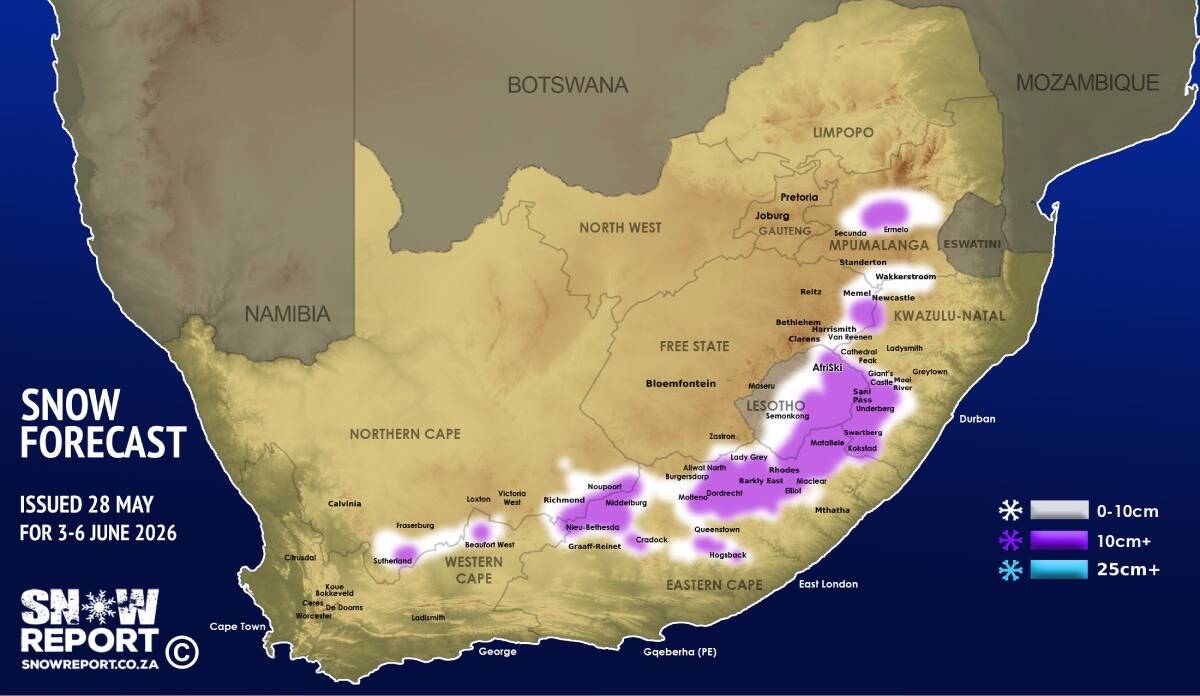 SnowReportSA's tweet photo. ❄ ADVANCE SNOW FORECAST: Snow possible in six SA provinces and Lesotho next week – heavy in some areas - more details at https://t.co/qs5oMScTA4 #snowreportsa #africansnow #weather https://t.co/h7ucrALRN4