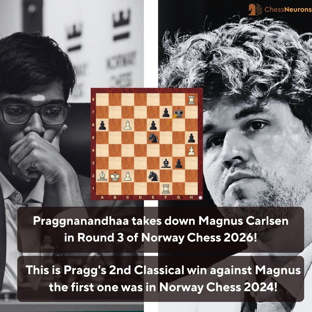 ChessNeurons's tweet photo. Praggnanandhaa takes down the World no.1 Magnus Carlsen in an absolutely wild battle in Round 3 of Norway Chess 2026!
#chess #chessneurons #norwaychess #Praggnanandhaa #magnuscarlsen https://t.co/LV9A1X9aL0