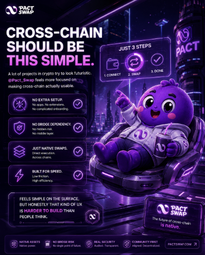 Humtototo's tweet photo. A lot of projects in crypto try to look futuristic.

@Pact_Swap feels more focused on making cross-chain actually usable.

No extra setup.
No weird onboarding flow.
No bridge dependency hiding in the background.
Just connect, swap natively, and move on.
Feels simple on the surface,
but honestly that kind of UX is harder to build than people think.

https://t.co/tZIYu8IHHl