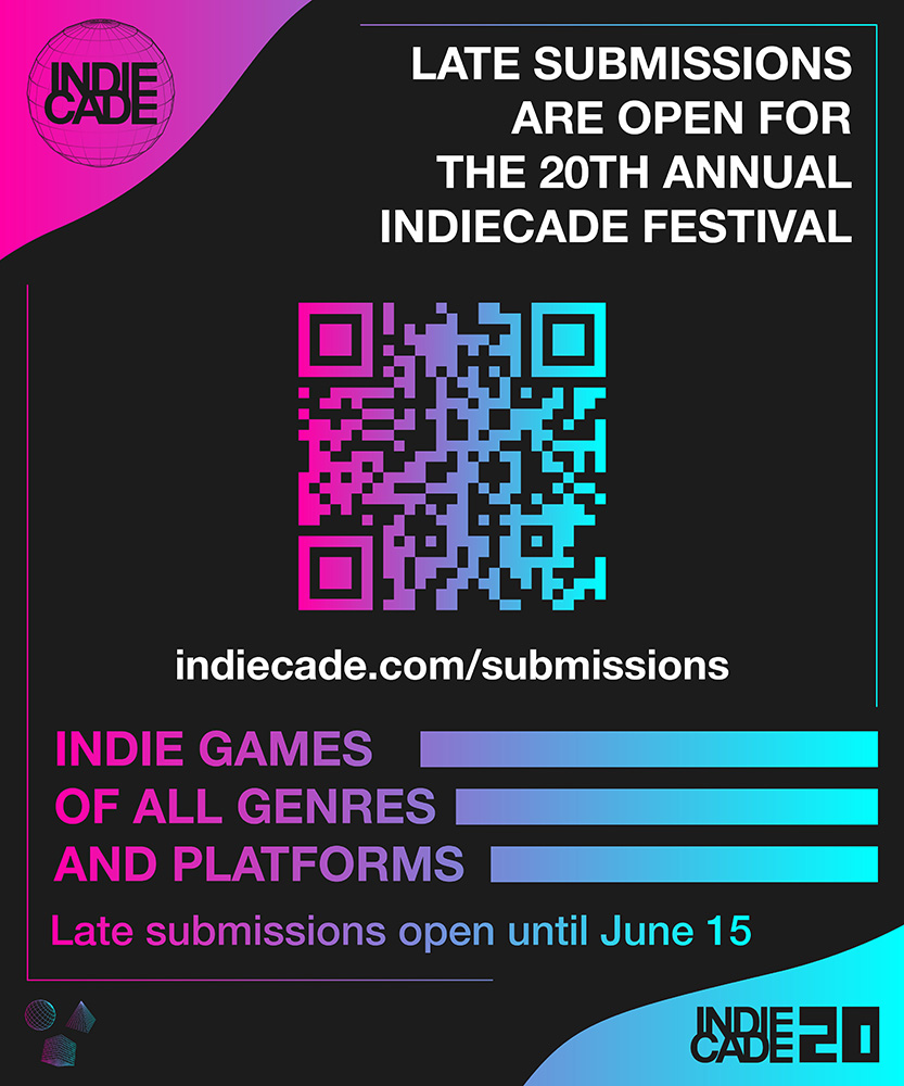 IndieCade's tweet photo. It's not too late! Late submissions are OPEN for the IndieCade Festival.

Indie games of all genres and platforms are welcome!

Submit your game before June 15: https://t.co/nT8Kzd1e4c

#IndieCade #IndieCade20 #IndieGames #GameDev #IndieDev #GameFestival #InteractiveMedia https://t.co/ZZly3pIVM4