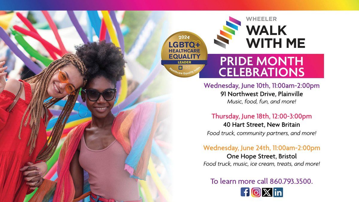WheelerHealth's tweet photo. June is Pride Month, honoring the 1969 Stonewall Uprising. Join Wheeler’s Walk With Me team for  community Pride events! The first event will take place Wednesday, June 10 from 11:00 a.m. to 2:00 p.m. at 91 Northwest Drive in Plainville. More info here: https://t.co/V2zCnMYafF https://t.co/gx4EMQj3OX
