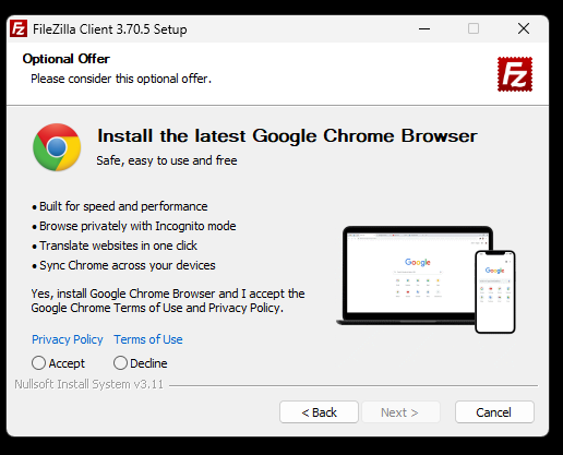 reallyjoel's tweet photo. A Mozilla product installer asking me if I want to install Google Chrome. 

What https://t.co/Lp8fJ0PxUI