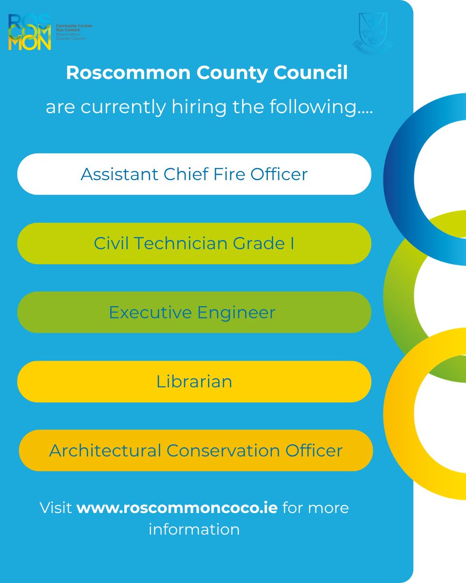 roscommoncoco's tweet photo. Roscommon County Council are recruiting 📢

Application form and candidate information booklet setting out full details in relation to these positions are available by visiting the Job Vacancies Section on Roscommon County Council’s website at https://t.co/nUNjPop5Lx 💻 https://t.co/TN5DBf6Eum