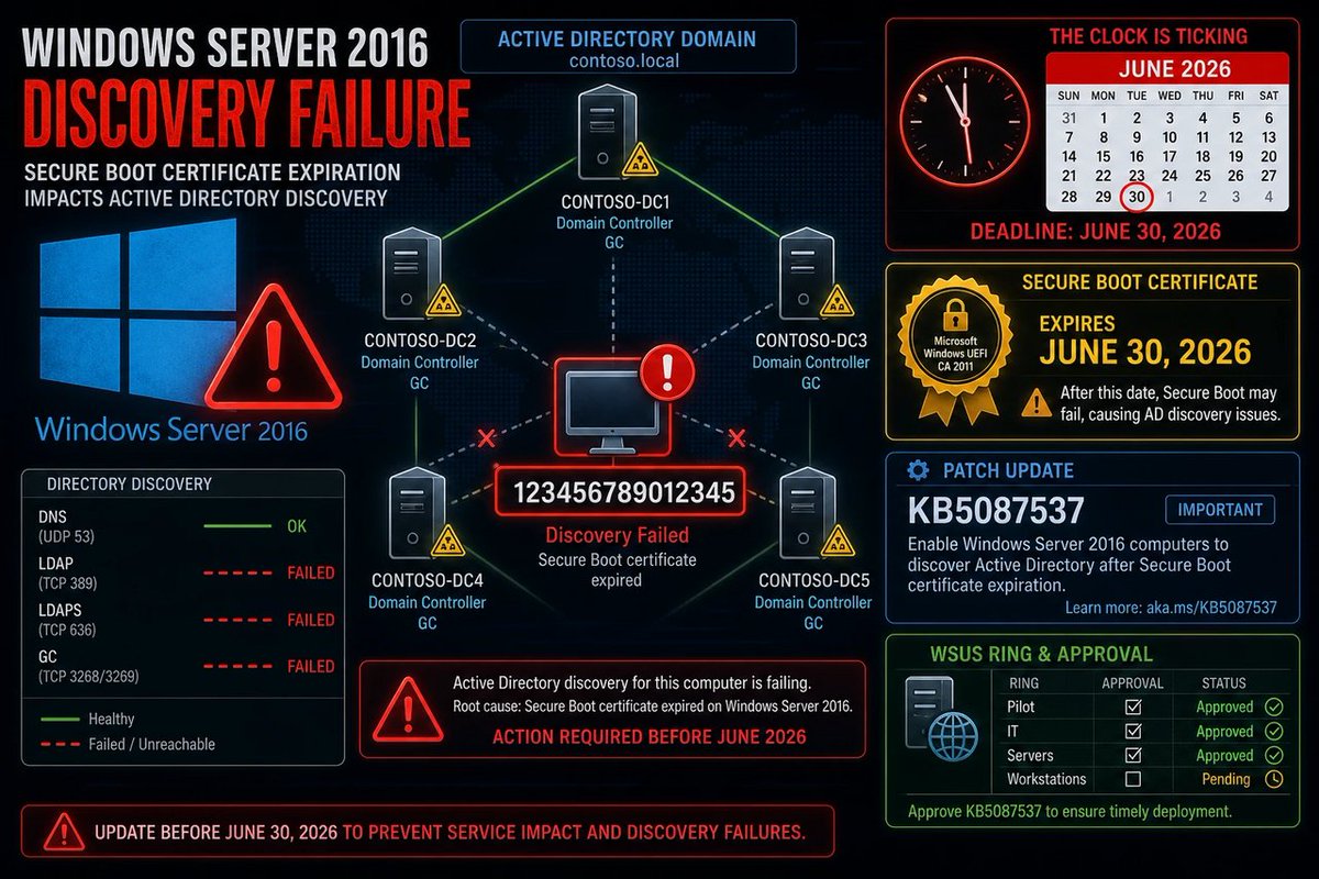 windowsforum's tweet photo. 🚨 KB5087537 “prepares” Server 2016 by breaking domain discovery for the cursed 15-char hostname crowd. Patch Tuesday roulette is cute… until it bricks DC comms. #Windows #Server #Microsoft
https://t.co/VGhncOHnhc
#ActiveDirectory #WindowsServer2016 #PatchManagement https://t.co/2EMOyRBekS