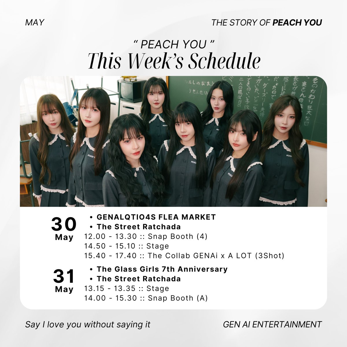 peachyouidol's tweet photo. ⎡ PEACH YOU 🍑 This Week’s Schedule ⎦
⠀ 
🛒 GENALQTIO4S FLEA MARKET
30 May 2026 , The Street Ratchada
⠀ 
🖤 Timetable
12.00 - 13.30 :: Snap Booth (4)
14.50 - 15.10 :: Stage
15.40 - 17.40 :: The Collab GENAi x A LOT (3Shot)
⠀ ⠀ ⠀ 
🫧 Snap Clothes ; Market Persona 
⠀  
- - - - - - - - - - - - - - - - - - - - 
⠀ 
🍉 The Glass Girls 7th Anniversary
31 May 2026 , The Street Ratchada
⠀ 
🖤 Timetable
13.15 - 13.35 :: Stage
14.00 - 15.30 :: Snap Booth (A)
⠀ 
🫧 Snap Clothes ; Yukata
⠀ 
- - - - - - - - - - - - - - - - - - - -  
⠀ ⠀ ⠀ 
🛎️ Official Merchandises
⦁ 2SHOT Film 1 Ticket | 300THB
⦁ 2SHOT Phone 1 Ticket | 300THB
⠀ ⠀
- - - - - - - - - - - - - - - - - - - - 
⠀ 
🍑 Home Delivery
Link : https://t.co/y9IVbkmfUN
** ปิดการสั่งซื้อวันที่ 30 May 2026 เวลา 10.00 น.
⠀ 
- - - - - - - - - - - - - - - - - - - - 
⠀ 
⚠️ Annotation
⦁ Cherlyn ติดภารกิจส่วนตัว
จึงไม่สามารถเข้าร่วมงานในวันที่ 30 พฤษภาคมได้
⠀ 
- - - - - - - - - - - - - - - - - - - - 
⠀ 
© PEACH YOU