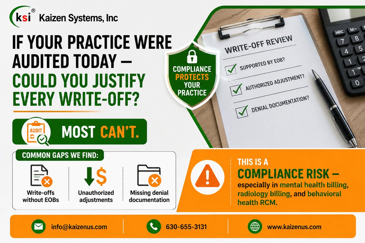 KaizenSystemInc's tweet photo. Can your practice justify every write-off in an audit?

Most can't.

Common gaps:
⚠ Write-offs without EOBs
⚠ Unauthorized adjustments
⚠ Missing denial docs

#HealthcareCompliance #MedicalBillingCompliance #RadiologyBilling #MentalHealthBilling #KaizenSystemInc https://t.co/Yc1shyBsD2
