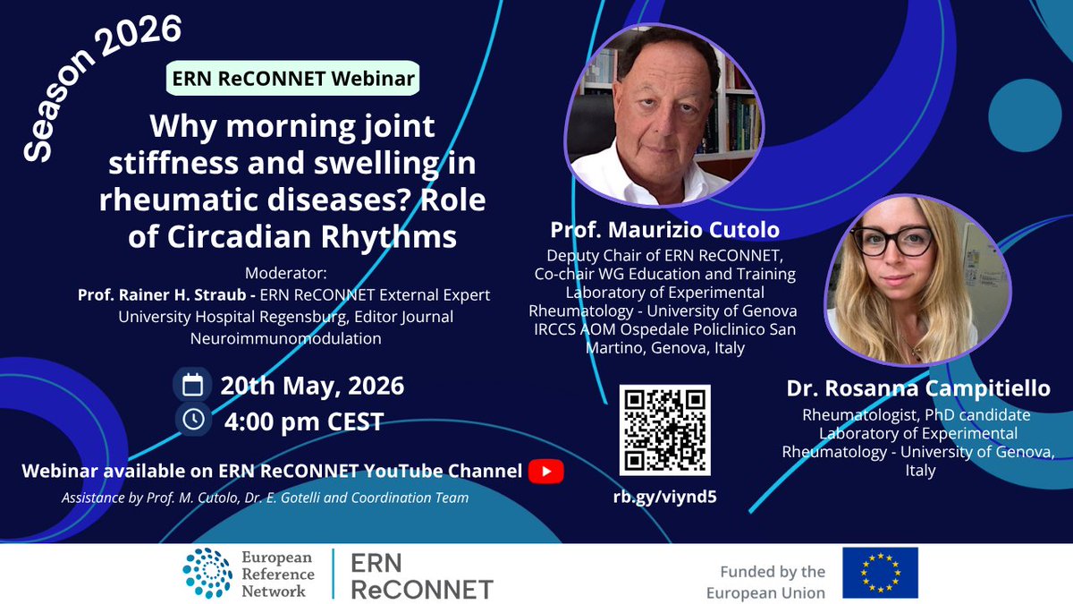 ern_reconnet's tweet photo. 🎓 The @ern_reconnet #webinar “Why morning joint stiffness and swelling in rheumatic diseases?” is now available on our YouTube channel!

🔗You can access the webinar here: https://t.co/lU4YriahPW
🌐 More info on rCTDs here: https://t.co/mYxg6mxRoF https://t.co/kRcjjN2382