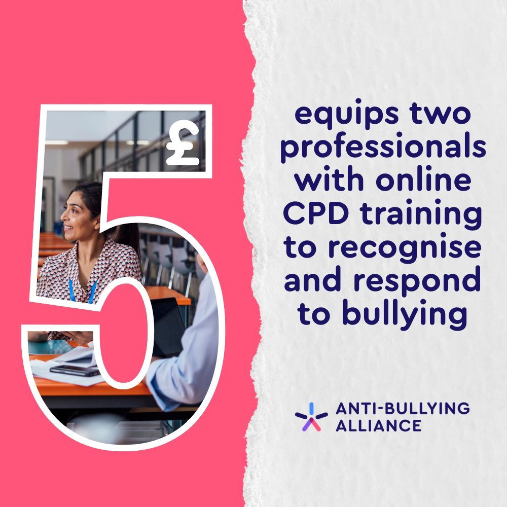 ABAonline's tweet photo. Donations make a real difference to our work.

Just £5⃣ can equip two professionals with vital online training to help spot and stop bullying. A small gift can lead to a big change. 💙

Support the Anti-Bullying Alliance today: https://t.co/WTDJCr6fdh https://t.co/ddKlxOxvYl