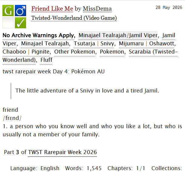 _MissDema's tweet photo. twst rarepair week day 4: Pokémon AU
❖ New fic !
➭ Ship: Minajami
➭ Characters:
⤐ Jamil Viper
⤐ Minajael Tealrajah
➭ #minajami #twistedwonderland #twst #twst_BL #twstrarepairweek #rarepairweek
➭ https://t.co/qcIWsWMAE6 https://t.co/cDcn0vH6JU
