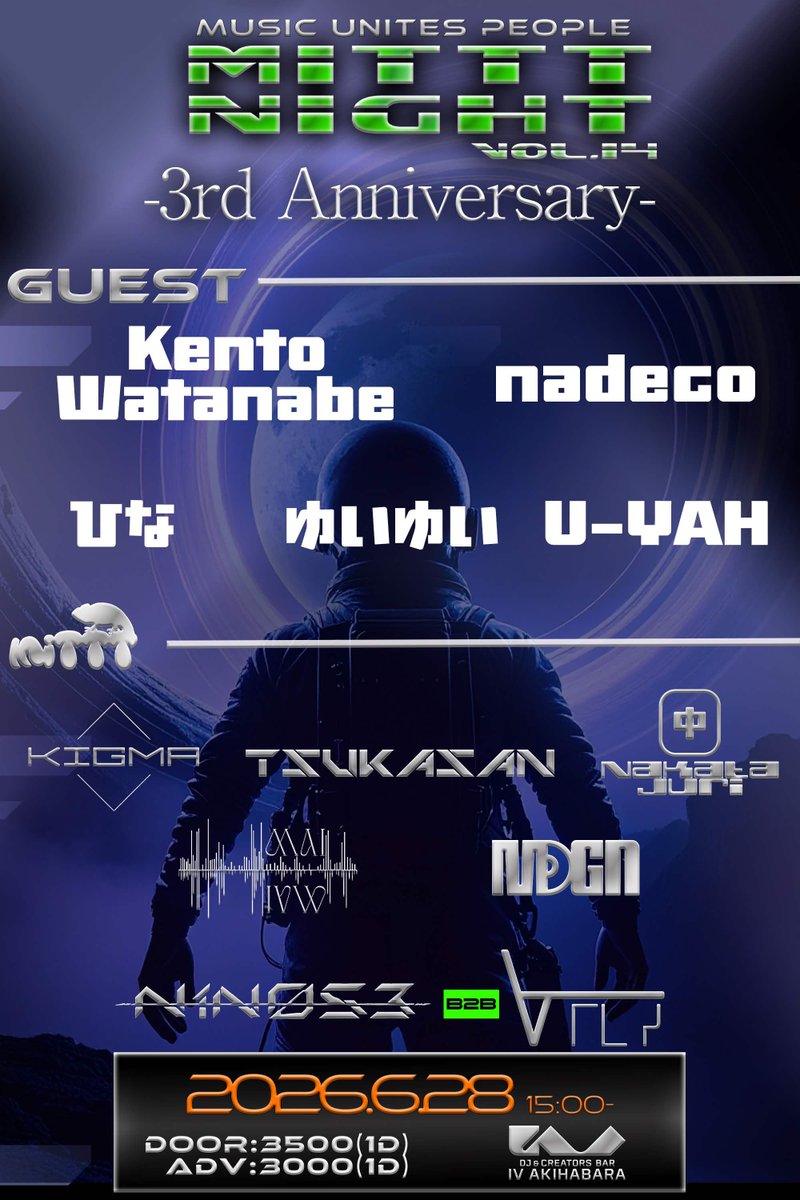 MITTTproject's tweet photo. 🟩祝3周年🟩
いよいよ来月🔥
心よりお待ちしてます🙇
\\このポストRP¥500円引き!//
ーーーー🦎インフォメーション🦎ーーーー
🗓 6/28 15:00~
📍 IV AKIHABARA(@iv_akihabara)
💰 ¥3,500
-GUEST DJ-
Kento Watanabe
nadeco
ひな
ゆいゆい
U-YA
and
MITTT
#MITTTnight https://t.co/J4rLX6w8pj