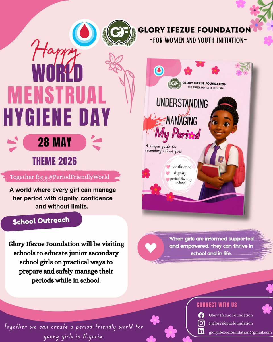 NeotericGIF's tweet photo. Every girl in Nigeria deserves to manage her period with dignity, confidence, knowledge, and support.

In support of the World Menstrual Hygiene Day, Glory Ifezue Foundation will be carrying out school outreaches to educate junior secondary school girls on menstrual hygiene https://t.co/zM1UJuUWGk