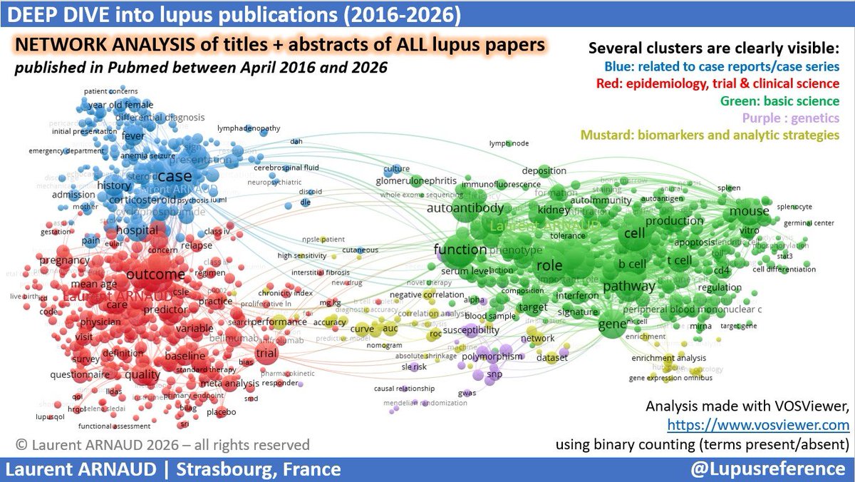 Lupusreference's tweet photo. ✅ Check this network analysis 🕸 of the words used in titles and abstracts of ALL #LUPUS papers published in Pubmed in the last 10 years 👍 Can you see 👀 the clusters? https://t.co/3MsOPQAbow