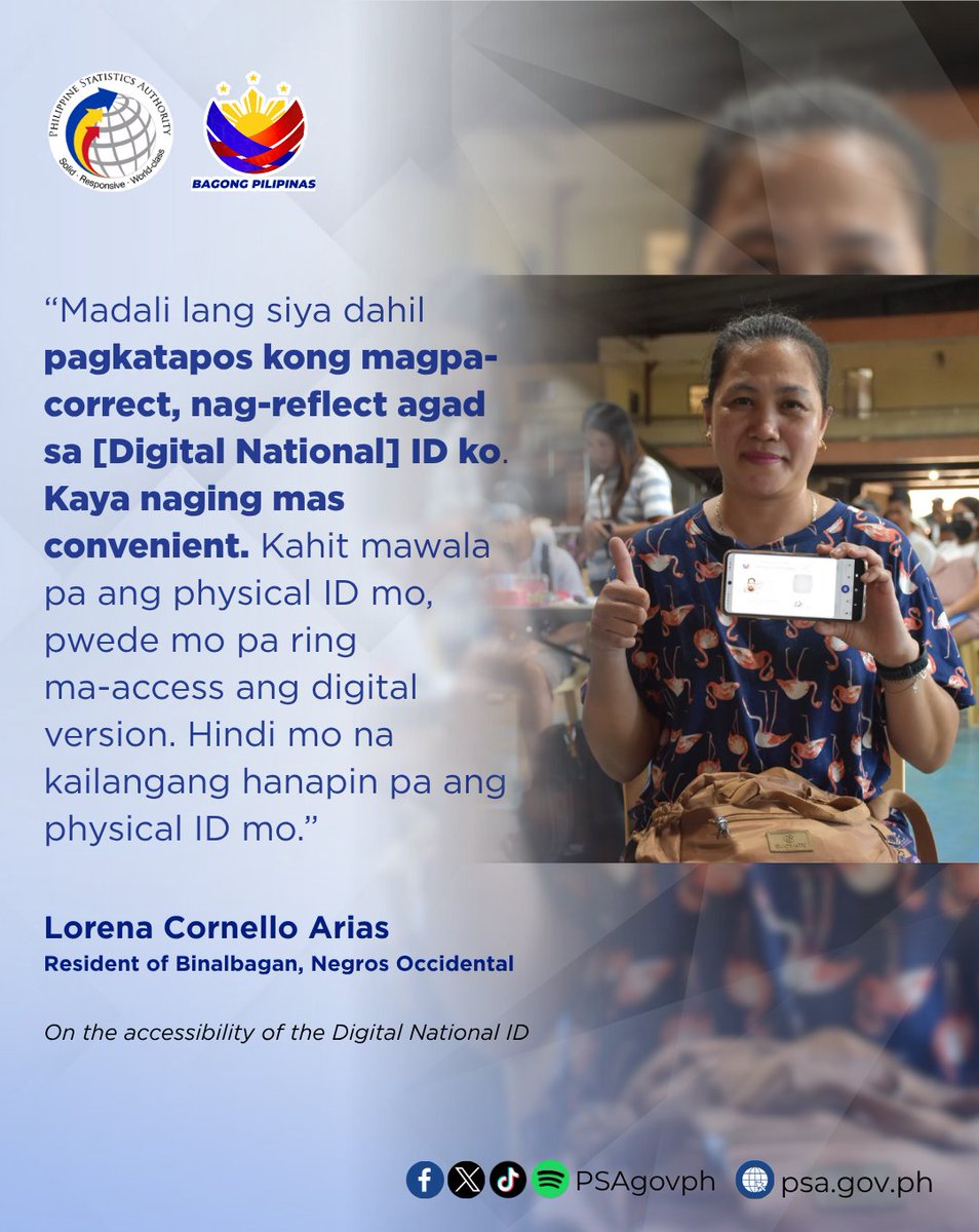 PSAgovph's tweet photo. [1/3]
TINGNAN | Kaugnay ng pagsasagawa ng Philippine Statistics Authority (PSA) ng “One Time, Big-Time Serbisyo Caravan” ngayong araw sa Binalbagan, Negros Occidental, binigyang diin ni Lorena Cornello Arias, residente ng naturang munisipalidad, https://t.co/B3PKeRH0pj