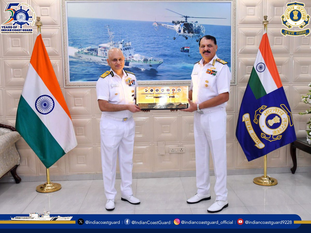IndiaCoastGuard's tweet photo. @IndiaCoastGuard bid a warm farewell to Admiral Dinesh K Tripathi, PVSM, AVSM, NM, Chief of the Naval Staff, and Mrs Shashi Tripathi, President NWWA, today.

On behalf of all ranks, Director General Paramesh Sivamani, AVSM, PTM, TM, #DGICG, expressed profound gratitude and paid tribute to the Admiral’s distinguished and illustrious career. His exemplary leadership, steadfast commitment, and invaluable contributions to safeguarding the nation’s maritime interests were acknowledged with the highest esteem.

#ICG extends sincere felicitations and wishes Admiral & Mrs Shashi Tripathi a post-service life blessed with tranquility, good health, and happiness.

#MaritimeFraternity #VayamRakshamah #WeProtect #Navy
@indiannavy 
@NWWA_INDIANNAVY