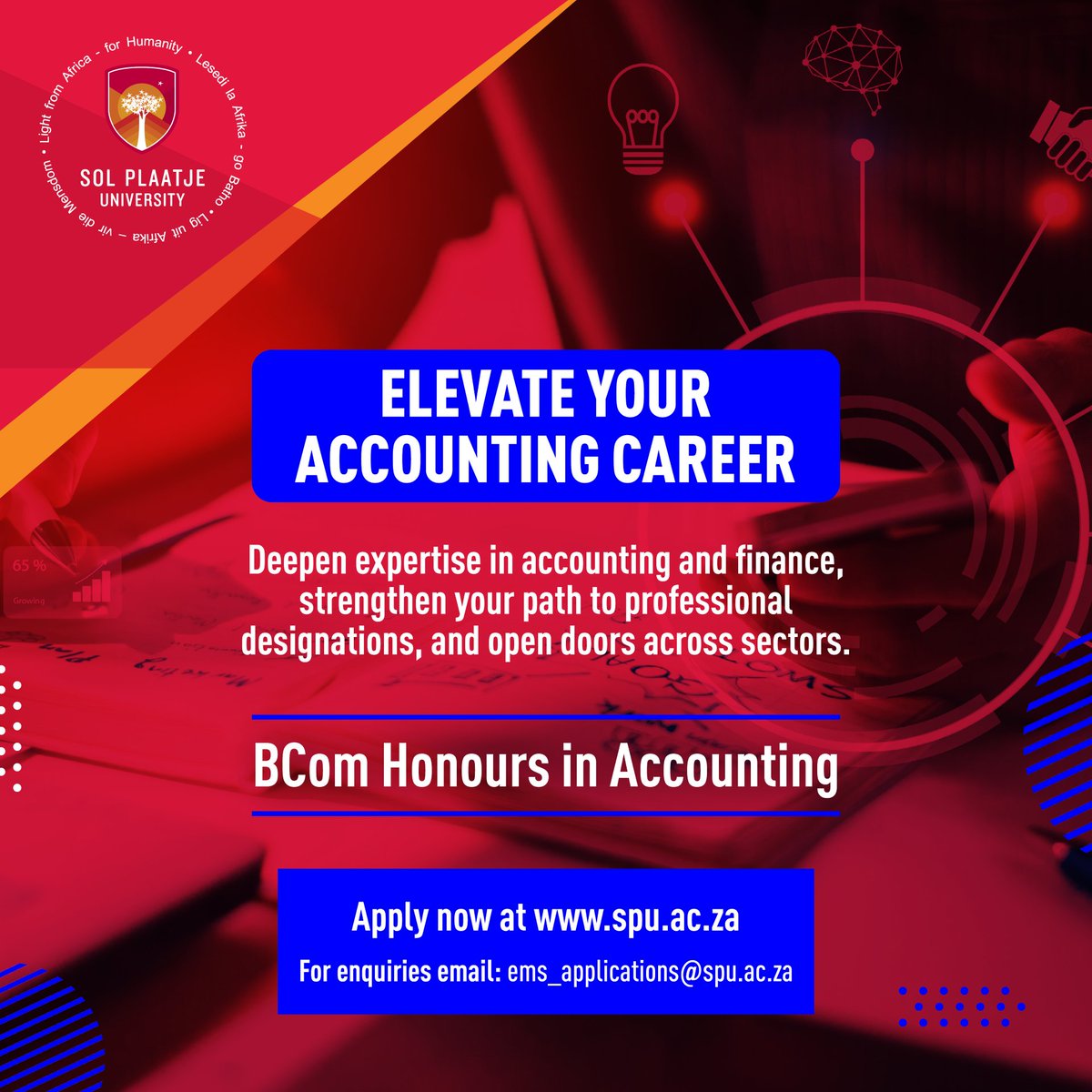 MySPU's tweet photo. Take the next step in your accounting journey with SPU’s BCom Honours in Accounting (2027 applications). Strengthen your accounting skills, support your path to professional qualifications, and open doors to diverse career opportunities.

Apply here: https://t.co/DTzZUrOdny https://t.co/fbRb3o4Soq