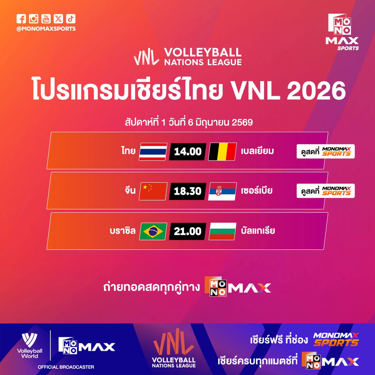 ToeyJWY85WYB's tweet photo. VNL สัปดาห์แรก 
MONO ให้ดูฟรีแค่คู่ 
3 JUN 25 : 🇹🇭 vs 🇷🇸 14.00 // 🇺🇸 vs 🇺🇦 22.00
4 JUN 25 : 🇨🇦 vs🇩🇪  07.00 // 🇨🇿 vs 🇵🇱 14.00
5 JUN 25 : 🇧🇪 vs 🇨🇿 14.00  // 🇷🇸 vs 🇵🇱 18.30
6 JUN 25 : 🇹🇭 vs 🇧🇪 14.00 // 🇨🇳 vs 🇷🇸 18.30 

นอกจากนี้คือจ่ายตังค่าแพคเกจ แม้แต่คู่ไทย😔
#วอลเลย์บอลหญิง https://t.co/fUJnIVOlbr