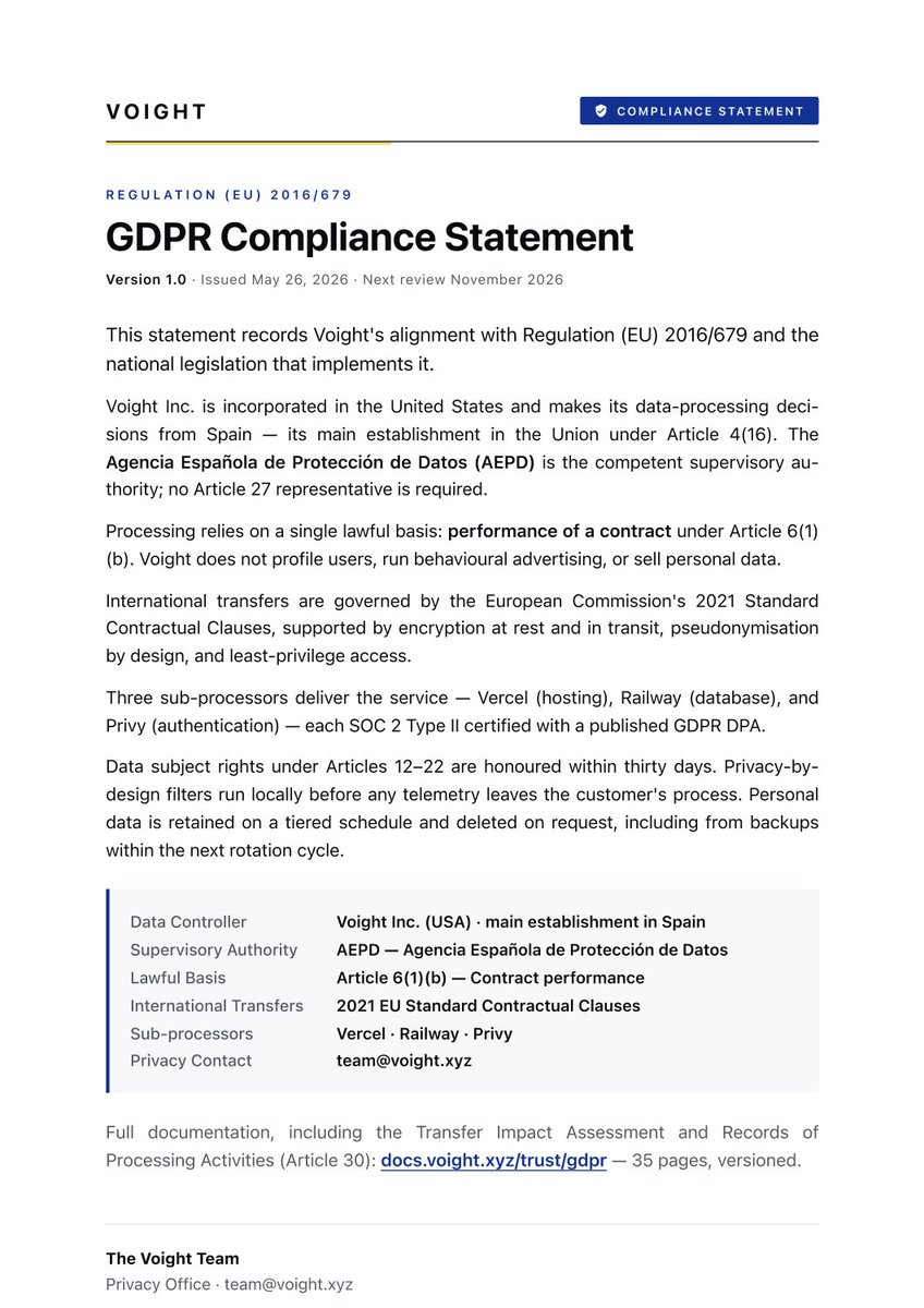 Voightxyz's tweet photo. Voight is now officially GDPR compliant, Fully documented, versioned, and public.