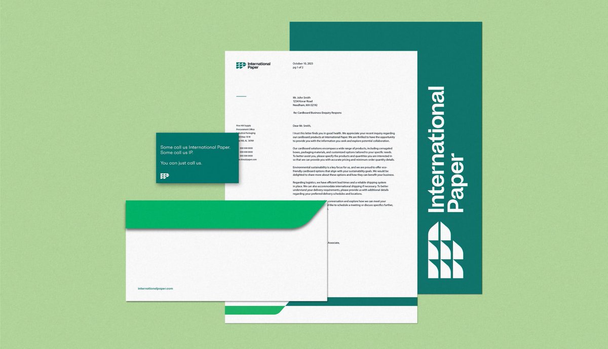 postjawline's tweet photo. Crazy I know, but I think the International Paper rebrand in 2023 was brilliant. It feels like something you’d see printed on a brochure from a business conference in 1968, esp with the mid century inspired font https://t.co/1hPHbaIuhO