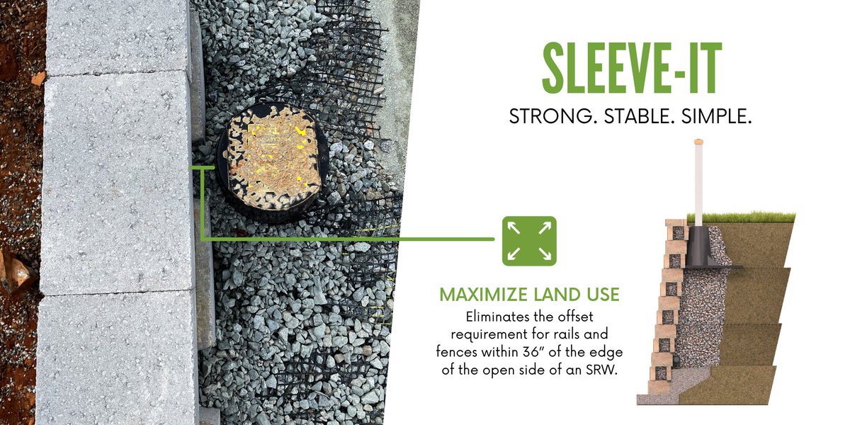 StrataSystems's tweet photo. Sleeve-It® SD-1 is a pre-engineered fence post anchoring solution for enhancing below-grade foundational stability in fences placed on top of SRW's. Using Sleeve-It eliminates the 36” offset requirements of IBC 1015.2.

Learn more about Sleeve-It: https://t.co/A2gn5WfMEa https://t.co/KOArCoxS9o