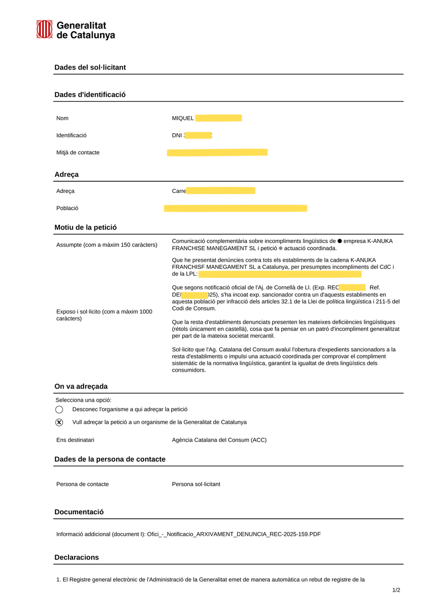 miqu3lm0la's tweet photo. 1/3 (Inici)

Com funciona el control ciutadà? Fil sobre com collar l'Administració i les empreses que voregen la normativa lingüística:

1⃣  Denúncia a un establiment ➡️ Silenci.
2⃣ Queixa a la Síndica per inacció ➡️ Consum es veu "obligat" a inspeccionar la seu de Reus (9/03) 👇 https://t.co/poS9CAsXDb
