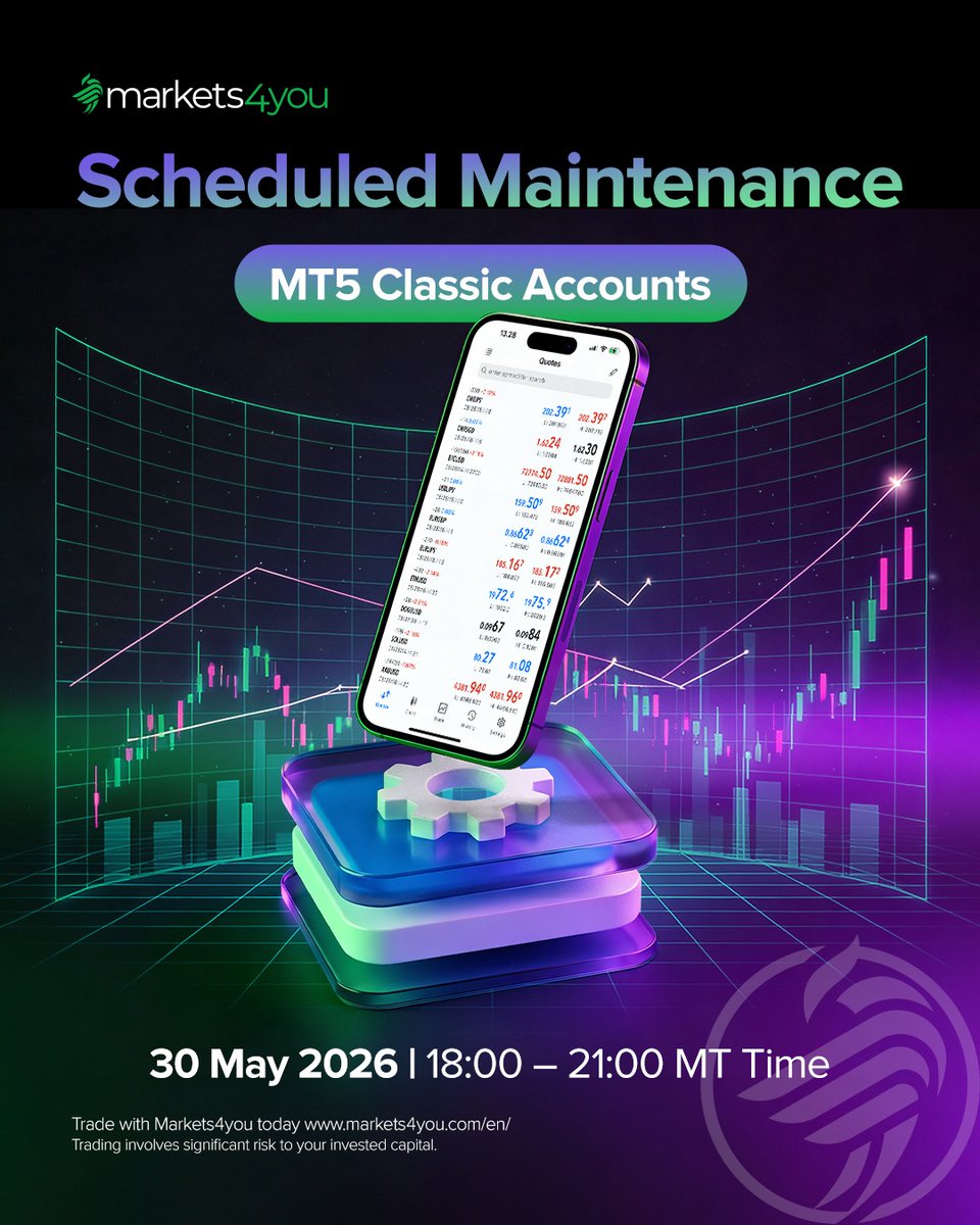 Markets4you's tweet photo. MT5 Classic System Upgrade Notice

To keep your trading experience running smoothly, scheduled optimization works will take place this Saturday.

📅 30 May
⏰ 18:00–21:00 (MT Terminal Time)

Please manage trades &amp; funding before maintenance begins. Thanks for your understanding https://t.co/4NCfMOYDLt