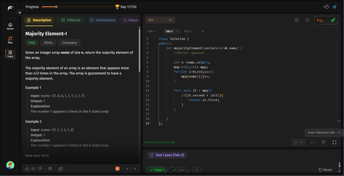 Albedo_369's tweet photo. Day 26 of DSA grind.

Solved Majority Element  3 ways.
Brute Force - nested loops.
Hash Map - store frequencies, find who crossed n/2.
Boyer-Moore Voting - different elements cancel out. majority survives as it appears more than n/2 times.

#DSA #TUF #Striver #Day26 #coding https://t.co/XrqoE6bLRy