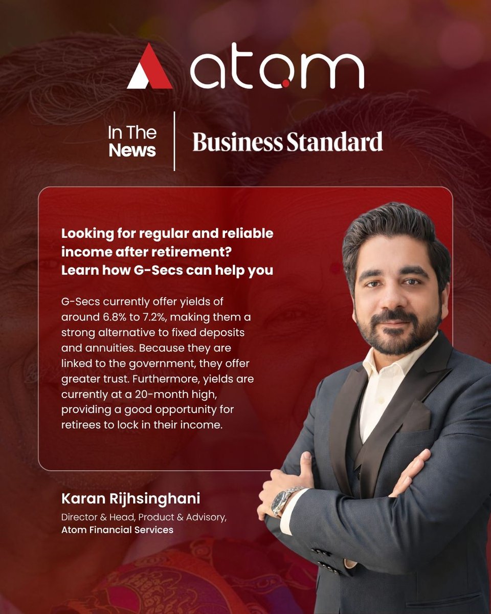 atomfinserv's tweet photo. Reliable income matters more than ever in retirement planning.

In @bsindia, Karan Rijhsinghani, Director &amp; Head – Product &amp; Advisory, Atom Financial Services, shares why G-Secs are gaining relevance for predictable income.
Read: https://t.co/qxNhNcrUBe

#AtomFinancialServices https://t.co/ur6wJhqVCq