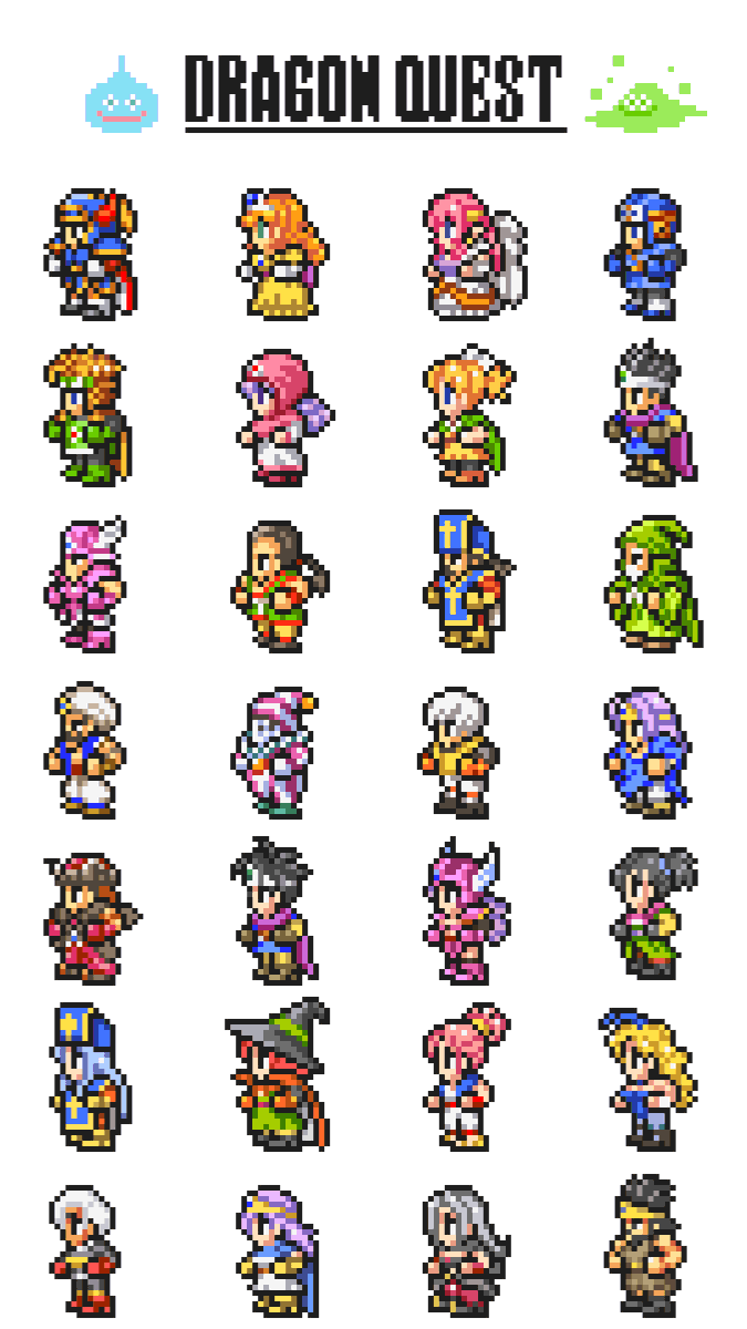 yukika_g's tweet photo. ＦＦ風ドット絵
ドラクエ１～１２
スマホで見るには小さすぎて見づらいと思ったので
３作品ごとに分けてキャラを大きくしました。

壁紙やアイロンビーズで使いたい人は自由にどうぞ
#DQ40th 
#ドラクエ 
#ドット絵 https://t.co/GOAOid4gVp