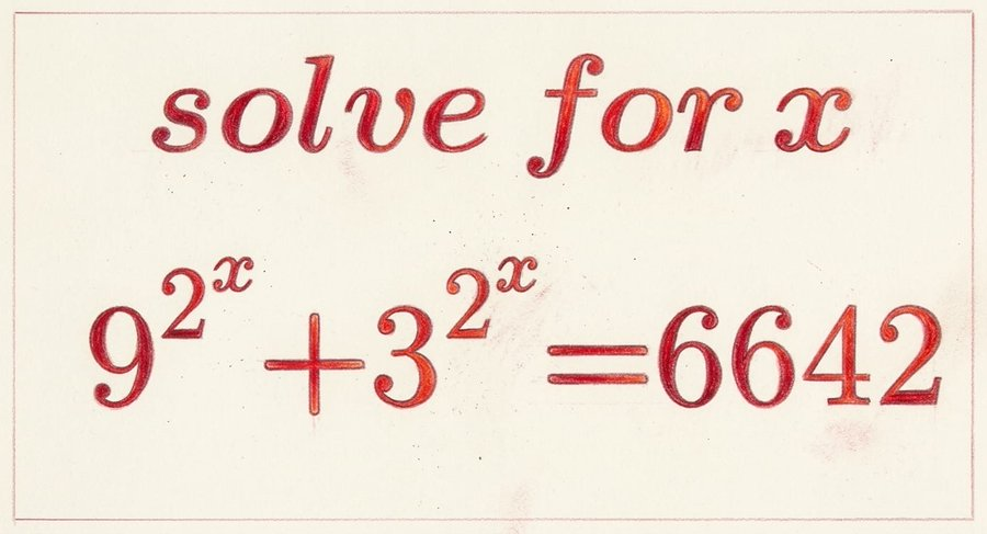 DimEvangs's tweet photo. @IQTestBrain => 3^(2.2^x) +3^(2^x) - 6642 = 0 and by putting 
3^(2^x) = y >0  (1) => y^2 + y - 6642 =0 =>
y = [(-1+(-) sqrt(1 + 4. 6642)] / 2 =[ -1+(-)163] /2 =>
y=81 or y=- 82 <0 (discarded)
So  (1) => 3^(2^x) = 81 = 3^4 => 2^x = 4 => x = 2 https://t.co/Oeb48RAUcV