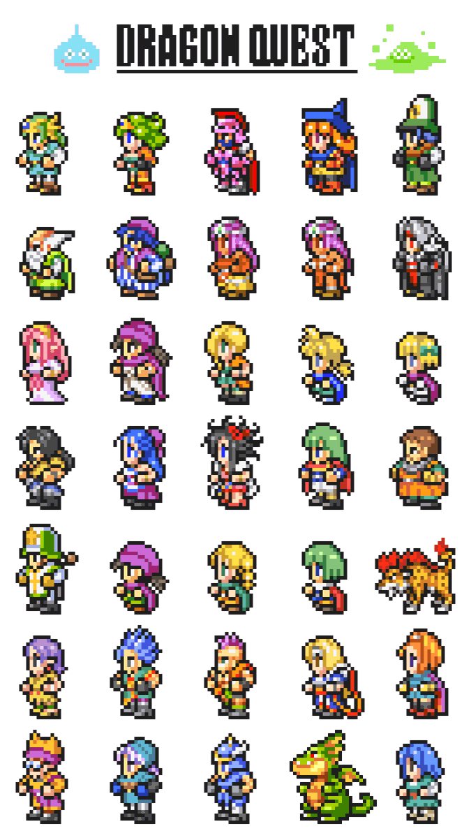 yukika_g's tweet photo. ＦＦ風ドット絵
ドラクエ１～１２
スマホで見るには小さすぎて見づらいと思ったので
３作品ごとに分けてキャラを大きくしました。

壁紙やアイロンビーズで使いたい人は自由にどうぞ
#DQ40th 
#ドラクエ 
#ドット絵 https://t.co/GOAOid4gVp